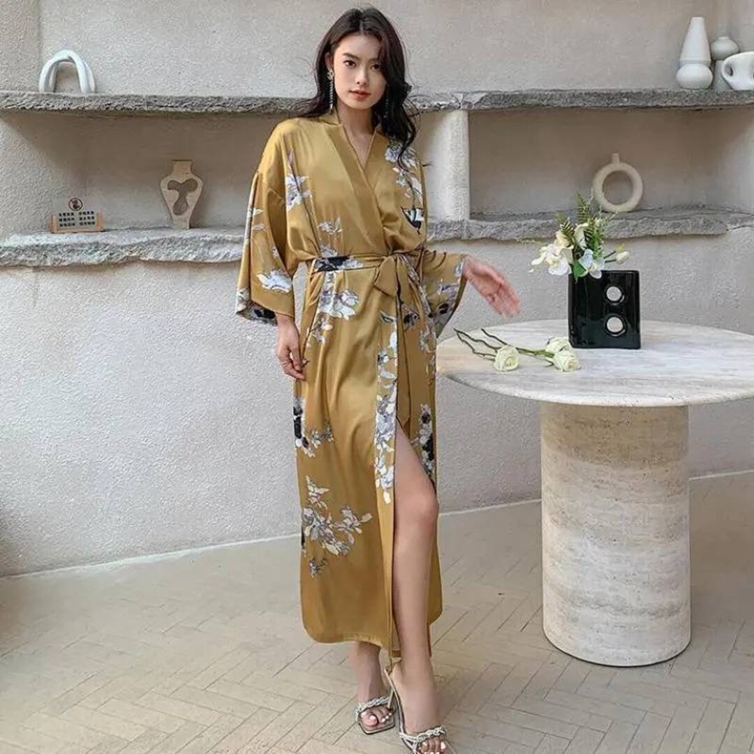 Yellow Silk Robe Floral PARADISE Women Satin Silk Long Robe, Bridesmaid Gift, Kimono ...