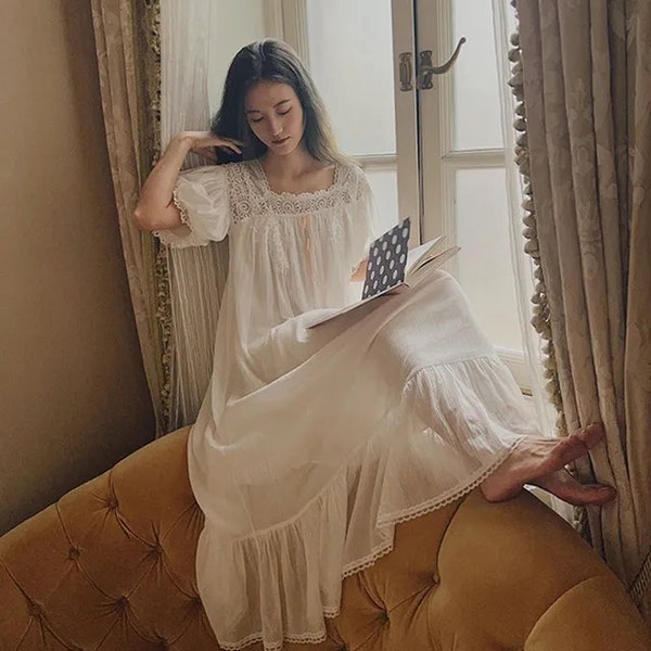 Cottagecore Women's Summer cotton Victorian French Fairy nightgown, Bridgeton short sleeves princess sleepdress, white ruffle