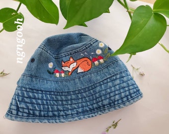 Garden Embroidered bucket hat, jean hat, FOX, cute floral embroidered cap,mushroom  embroidered, Christmas gift