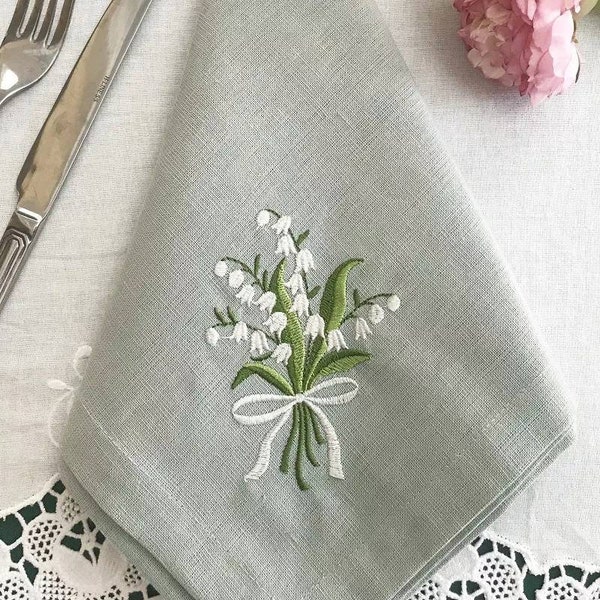 LILY Of THE VALLEY serviettes en tissu brodées, serviettes brodées, coton lin, banquet, Mariage, rétro vintage, serviettes réutilisables