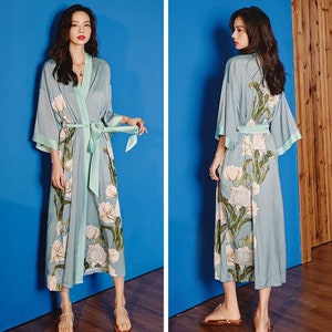 SEA ISLAND Wild flower women satin silk long robe, kimono dressing gown, bridesmaid gift, floral bathrobe, image 1