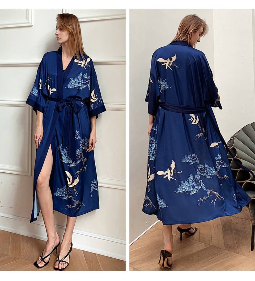 BEAUTIFUL BIRD Women Satin Silk Long Robe, Kimono Dressing Gown ...
