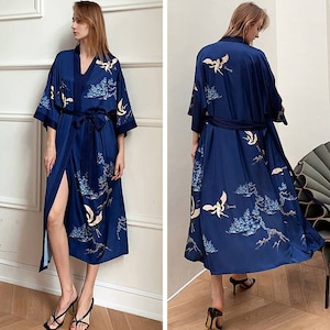 BEAUTIFUL BIRD women satin silk long robe, kimono dressing gown, bridesmaid gift, floral bathrobe, navy blue, bird print