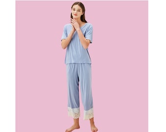 SUPER SOFT Womens Summer Short sleeve pajama set, bamboo nightgown, babydoll nightie, Bridesmaid pjs, matte blue pink, gifts