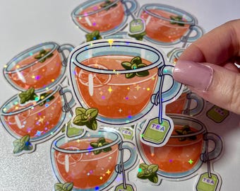 Adesivo in vinile per tazza da tè / Adesivo con finitura olografica impermeabile / Carino, tazza da tè, tè, caffè