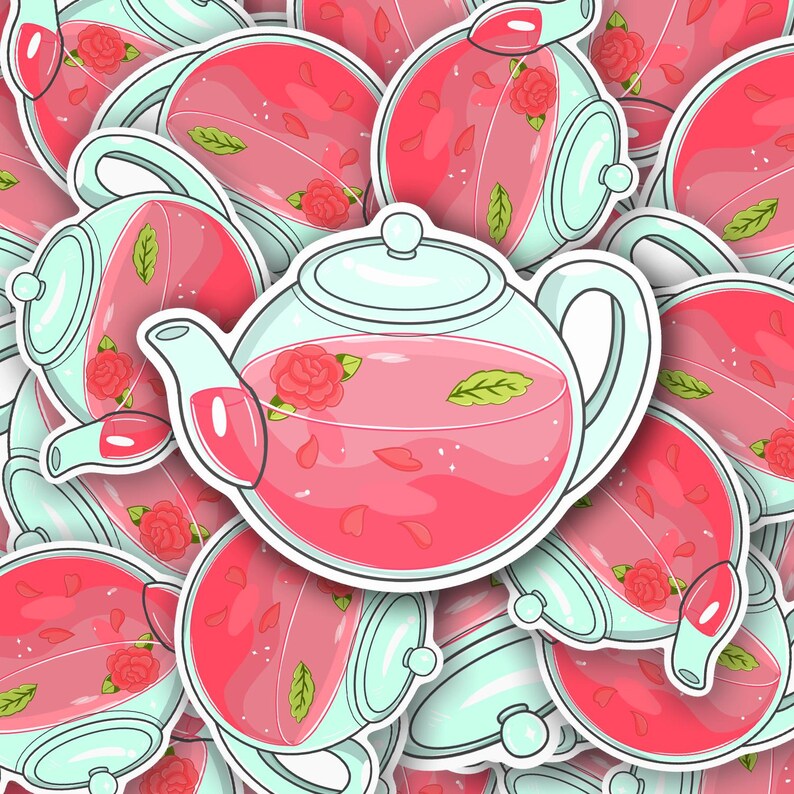 Teapot Sticker Rose Teapot Vinyl Sticker | Waterproof Holographic Finish Sticker ...