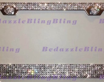 Pink JR2 500 Super Bling Pink Glass Crystals Black Metal License Plate Frame+Free Caps 