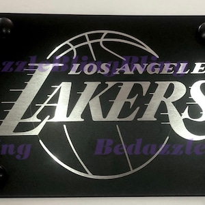 Los Angeles Lakers Basketball Laser Engraved Etched Stainless Steel License Front Plate Frame W/ Bolt Caps