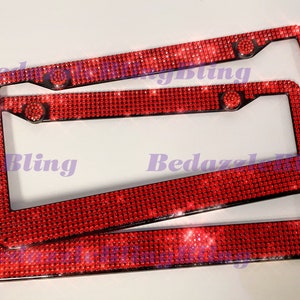 X2 Red Light Siam License Plate Frame Bedazzle Holder Made W/ Crystals W/ Crystal Bolt Caps