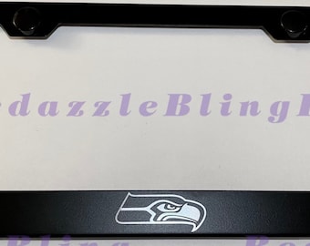 Seattle Seahawks Football Laser Engraved Etched Stainless Steel License Plate Frame W/ Bolt Caps