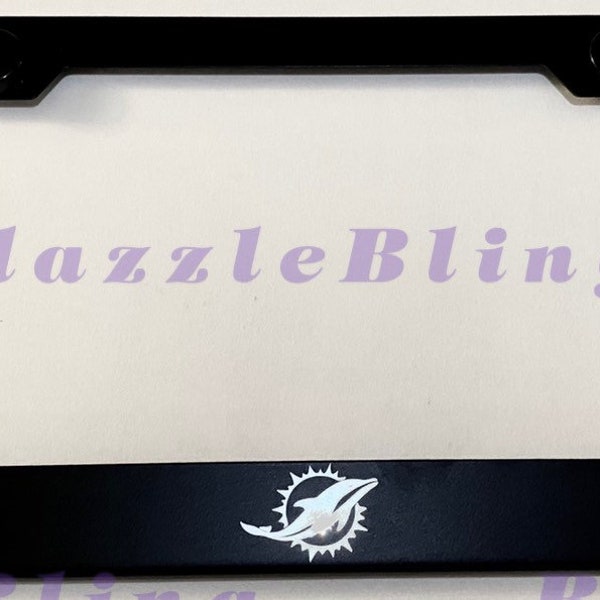 Miami Dolphins Football Laser Engraved Etched Stainless Steel License Plate Frame W/ Bolt Caps