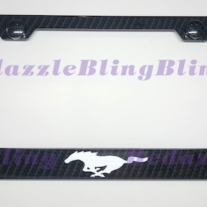 Running Pony Carbon Fiber Style License Plate Frame W/ Carbon Fiber Bolt Caps