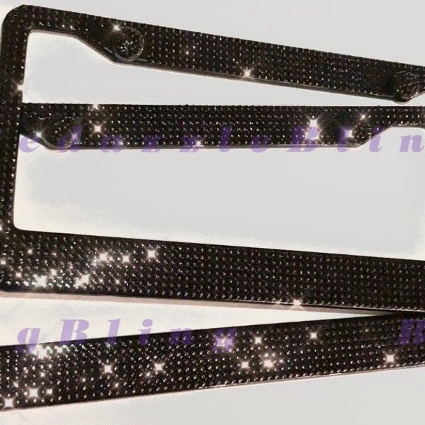 X2 Jet Black License Plate Frame Bedazzle Holder Made W/ Crystals W/ Crystal Bolt Caps