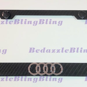 3D Audi Emblem On Carbon Fiber Style License Plate Frame W/ Carbon Fiber Style Bolt Caps