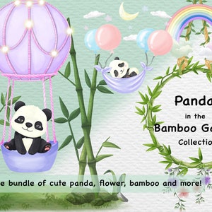 Pandas na coleção de clipart Bamboo Garden, 103 arquivos. Pandas fofos, florais, decorativos, molduras, guirlandas e cenas pré-fabricadas
