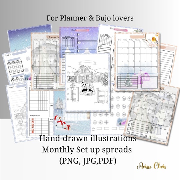 Bullet journal Monthly Setup: December Theme | Winter Cabin Retreat | Fro Printable and Digital Users Both. |PNG, JPG, PDF