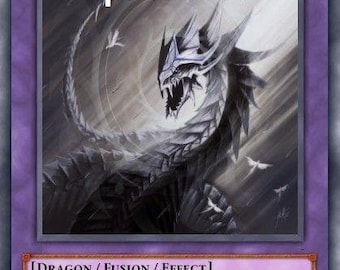 May include: A blue-eyed serpent dragon card from the Yu-Gi-Oh! Trading Card Game. The card is a fusion monster with an attack power of 3300 and a defense power of 2600. The card text describes the card's abilities, which include banishing dragon-type monsters from the graveyard and destroying cards on the field.