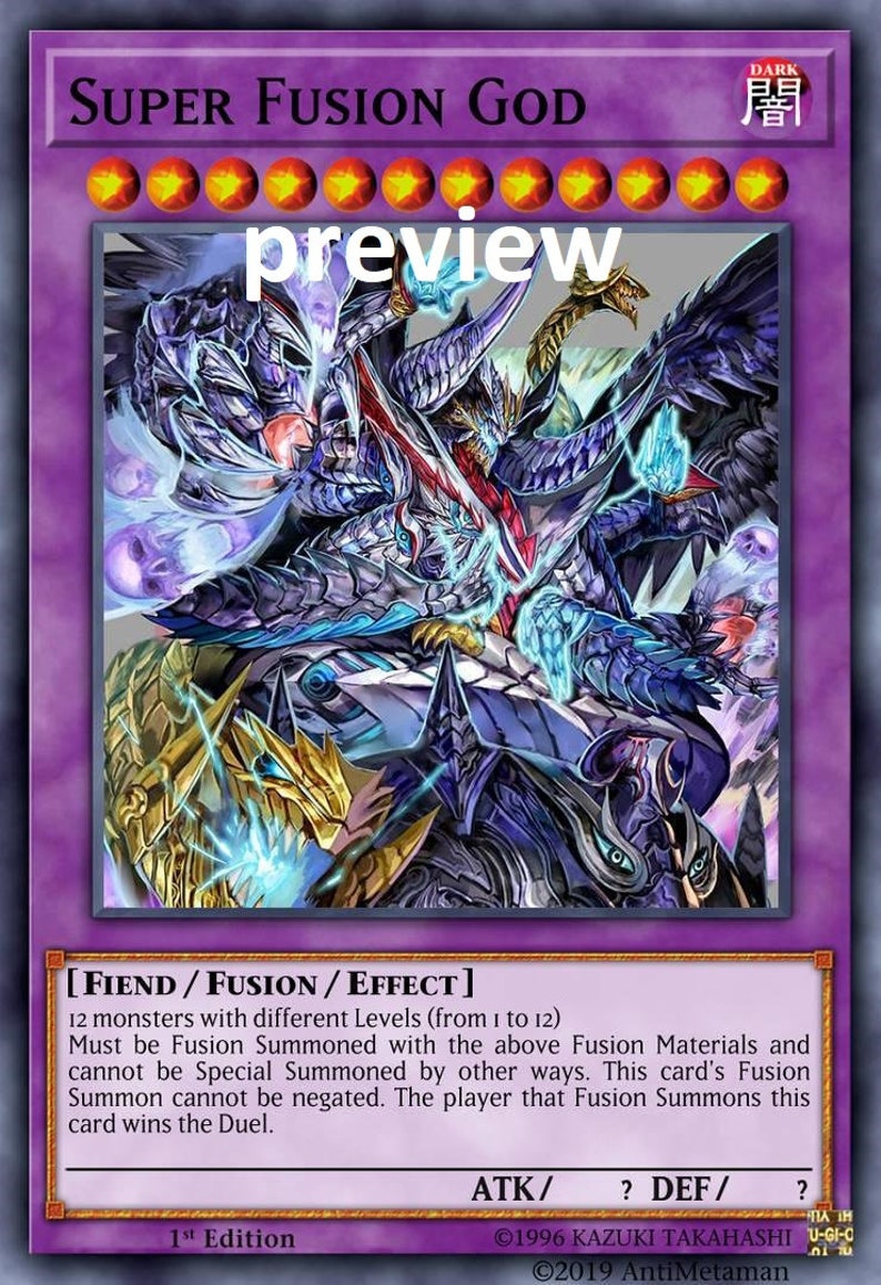 May include: A dark purple and blue trading card with a large image of a multi-headed monster. The card is titled "SUPER FUSION GOD" and has the text "FIEND/FUSION/EFFECT" in a white box. The card text describes the monster's abilities and summoning requirements. The card is from the "Yu-Gi-Oh! Trading Card Game".
