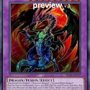 Könnte beinhalten: Eine Sammelkarte mit einem Drachen mit dunklem Farbschema, mit dem Text "BLACKLAND VOID DRAGON" oben. Die Karte hat einen lila Rand und enthält den Text "preview". Der Drache wird mit einem feurigen Hintergrund dargestellt.