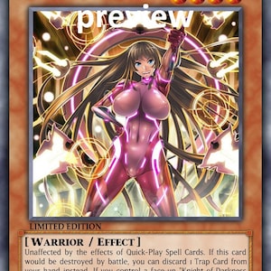 Op de afbeelding: Een verzamelkaart met een vrouw in een roze en paarse pak op een gloeiende achtergrond. De kaart heeft de titel "Knight of Darkness Asuka" en heeft een label met "Limited Edition". De tekst op de kaart luidt: "Unaffected by the effects of Quick-Play Spell Cards. If this card would be destroyed by battle, you can discard 1 Trap Card from your hand instead. If you control a face-up "Knight of Darkness Asagi", this card is unaffected by the effects of Spell Cards and cannot be selected as an attack target. ATK/1600 DEF/1000".