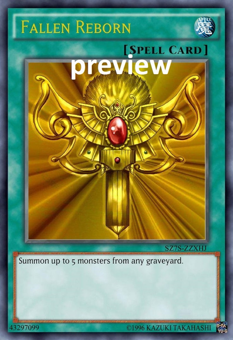 May include: A Yu-Gi-Oh! card titled "FALLEN REBORN" with a gold and red design. The card features a central emblem with a red gem, surrounded by ornate gold detailing. The text "preview" is overlaid on the card. The card is a spell card.