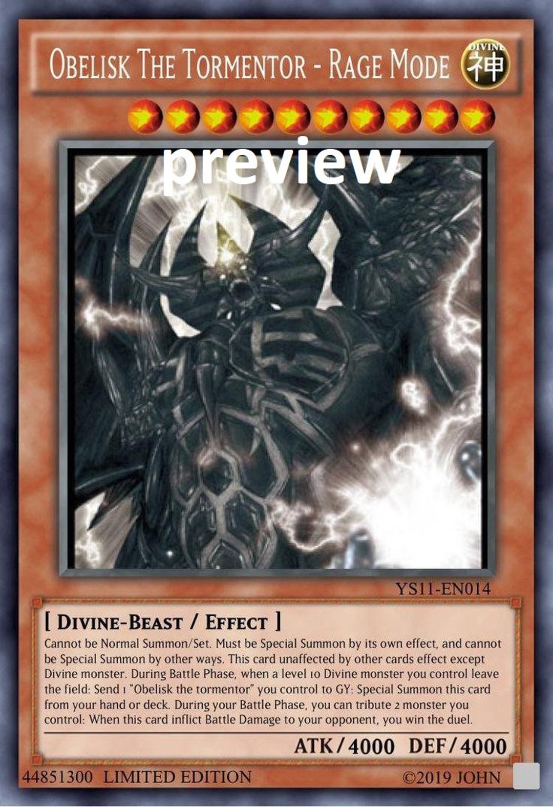 Godzilla Earth Orica Custom Card Obelisk Tormentor Winged 