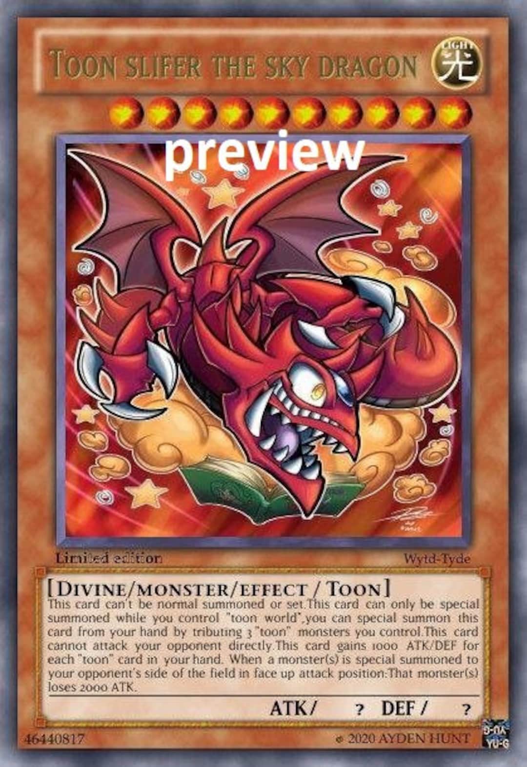 Toon Slifer the Sky Dragon Orica Custom Card Obelisk Tormentor Etsy