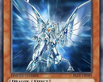 May include: A blue-eyed white dragon with silver wings and a blue background. The card is titled "Blue-Eyes Divine Shining Dragon" and has the text "Limited Edition" and "Dragon/Effect". The card has an attack power of 3000 and a defense power of 2500.