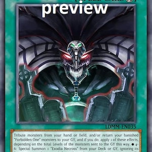 May include: A green, black, and red trading card with the title "Negotiation with Exodia" and the text "SPELL CARD". The card features an illustration of a menacing, red-eyed, black and white creature with a green gem on its chest. The card text describes the card's effect, which involves tributing monsters and summoning "Exodia Necross" or "The Everlasting Exodia Incarnate".