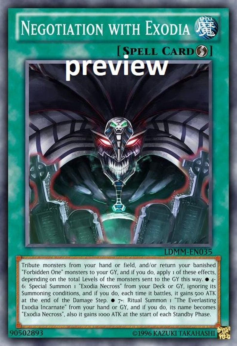 May include: A green, black, and red trading card with the title "Negotiation with Exodia" and the text "SPELL CARD". The card features an illustration of a menacing, red-eyed, black and white creature with a green gem on its chest. The card text describes the card's effect, which involves tributing monsters and summoning "Exodia Necross" or "The Everlasting Exodia Incarnate".