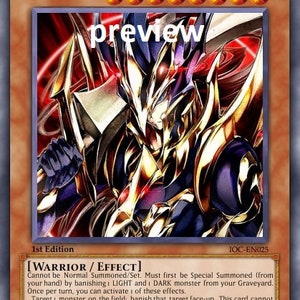 Puede incluir: Black Luster Soldier - Envoy of the Beginning, una carta de juego de cartas coleccionables que representa a un guerrero con armadura dorada y morada, empuñando una espada. La carta es de la primera edición y tiene un poder de ataque de 3000 y un poder de defensa de 2500.