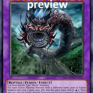 May include: A trading card for the "Apocalyptic Worm Zero" monster from the Yu-Gi-Oh! Trading Card Game. The card is a fusion monster with a dark blue, red, and black worm with a large eye. The card text reads: "[REPTILE/FUSION/EFFECT] 5 or more Reptile-Type "Worm" monsters For each Fusion Material Monster with a different name used to Fusion Summon this card, it gains 1000 ATK, and also gains these effects: 2+: Once per turn, you can Target 1 Reptile-Type monster in your Graveyard, and Special Summon it. 4+: You can banish 1 Reptile-Type monster from your Graveyard to send 1 monster on the field to the Graveyard. 6+: Once per turn, all Face-up monsters you control gain 700 ATK and cannot be destroyed by card effects. ATK/ ? DEF/ 0 ©1996 KAZUKI TAKAHASHI"