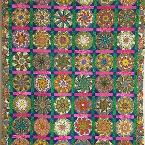 May include: A colorful quilt with a repeating pattern of green, blue, pink, and yellow. The quilt is made up of many small squares, each with a different design. The quilt is a great example of traditional quilting.