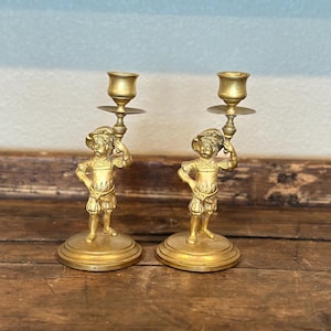 Pair of vintage brass French boy candlestick holders / art nouveau Victorian 1800s style