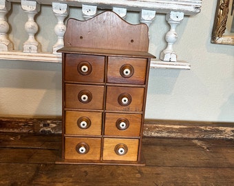 vintage 8 drawer wall mount spice rack / wood cubby kitchen storage porcelain knobs