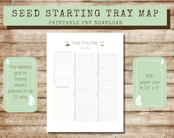 Printable Seed Tray Map 72 cell grid layout with labels, seed starting tray cell layout, seed propagation starter tray fill-in map