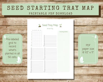 Printable Seed Tray Map 50 cell grid layout with labels, seed starting tray cell layout, seed propagation starter tray fill-in map