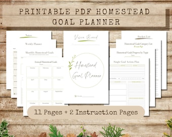 Homestead Goals Action Planner & worksheets, printable PDF, 11 pages, annual planner, monthly planner, weekly planner and vision board too!