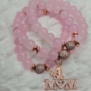 Light Pink with Rose Gold Pave Accent Beads & Charm Bracelet Set