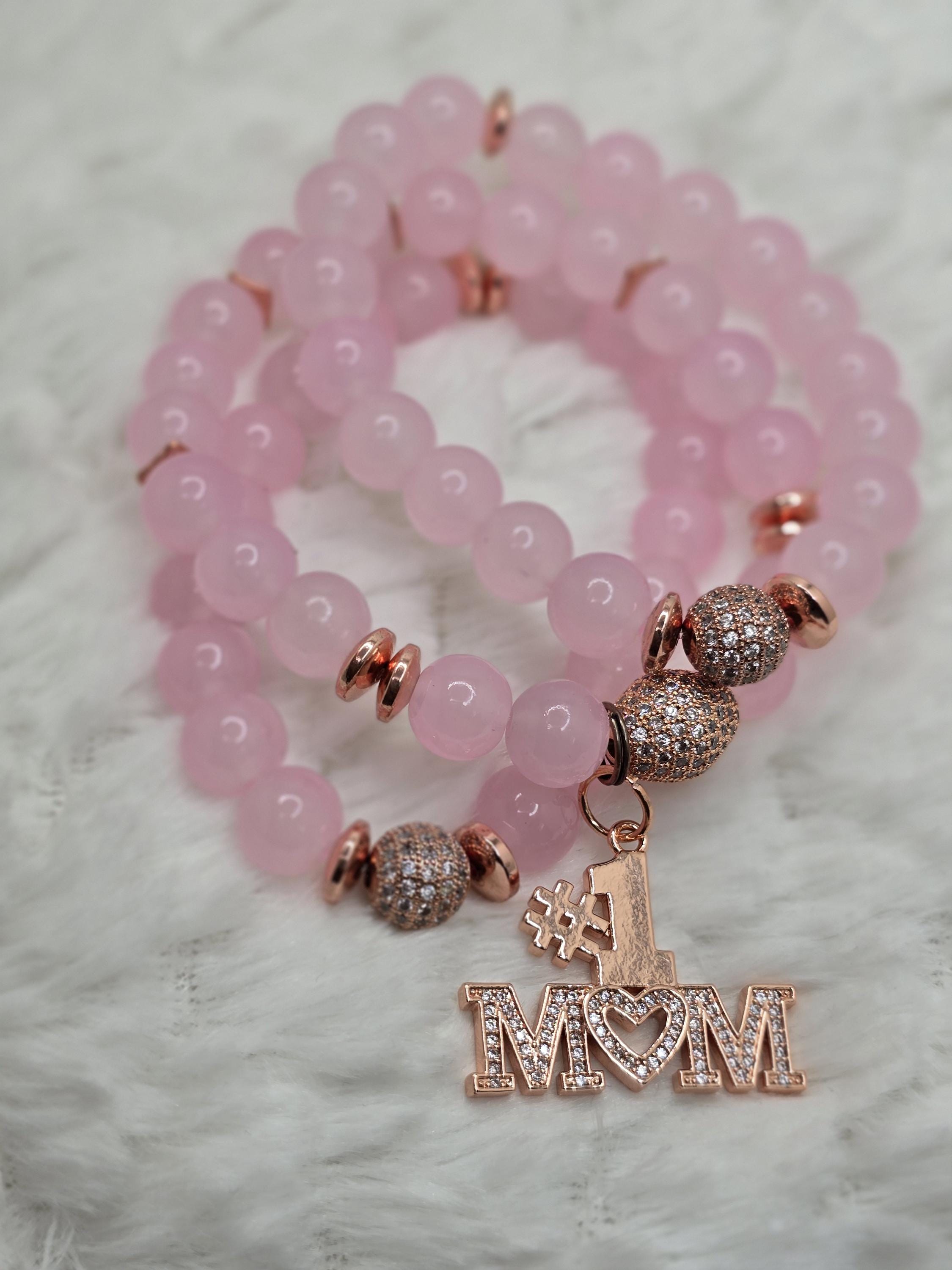 Light Pink With Rose Gold Pave Accent Beads & Charm Bracelet 