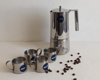 Vemi stylish vintage stovetop moka pot with four vemi stainless steel espresso cups made in Italy, espresso maker 1970s
