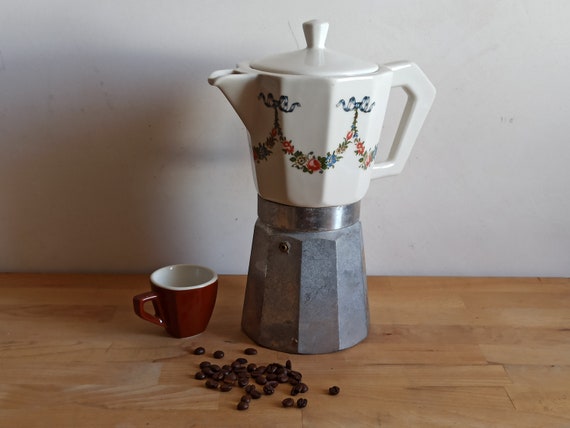 XXL Vintage Stovetop Moka Pot With Ceramic Top, Italian Espresso Maker,  About 12 Cups Coffee Pot, 1960 