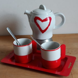 Nice coffee for two set, lovely stovetop moka pot with small tray and two espresso cups, italian espressomaker 1980s