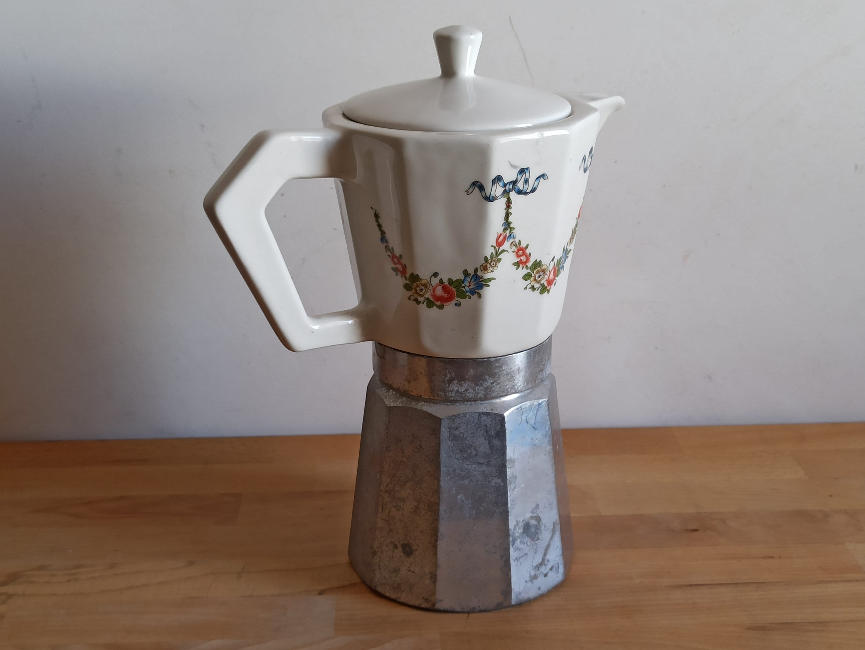 XXL Vintage Stovetop Moka Pot With Ceramic Top, Italian Espresso Maker,  About 12 Cups Coffee Pot, 1960 