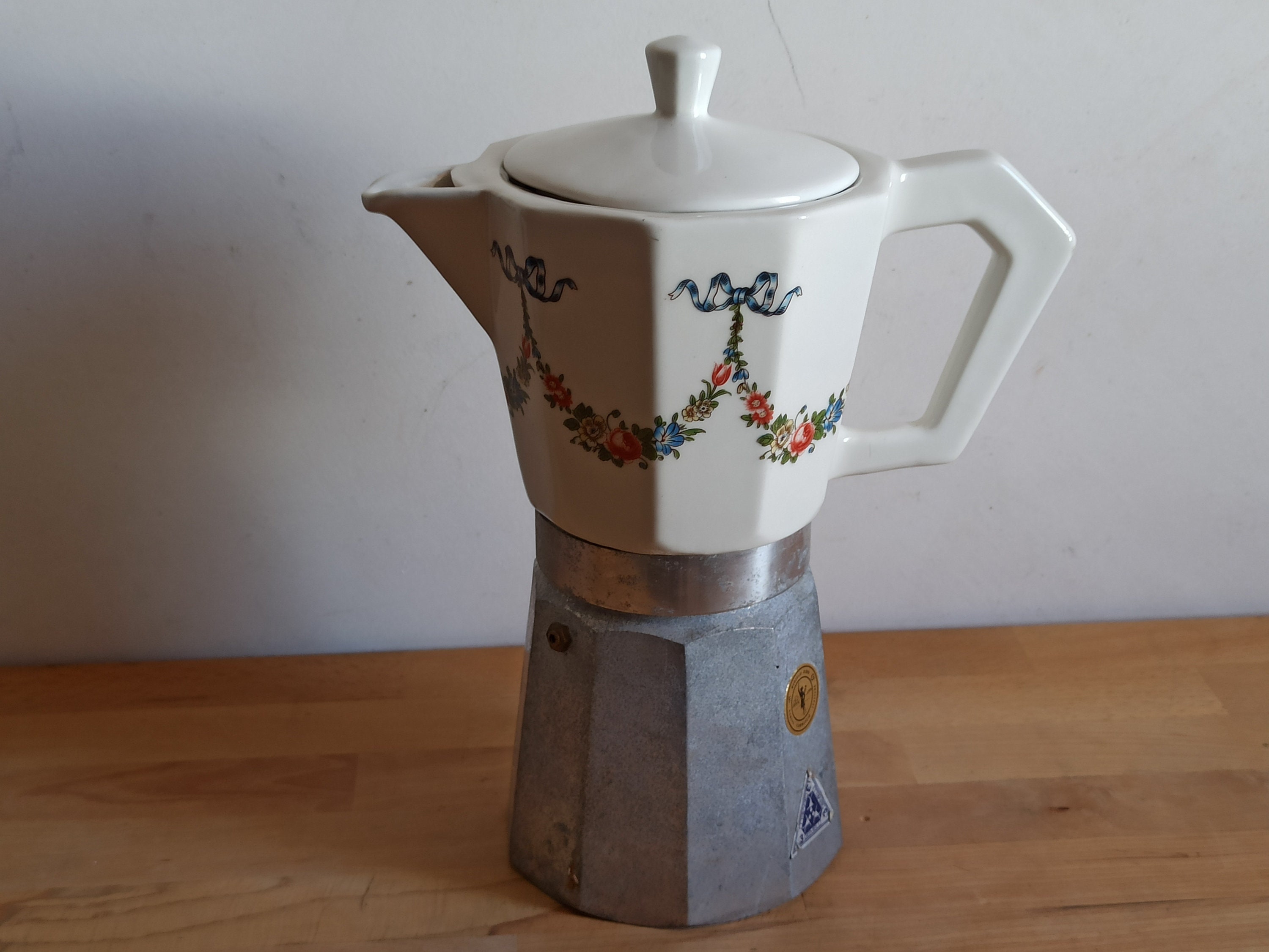 Vintage Bialetti Stovetop Espresso Coffee Pot and Five Black Porcelain Cups  with Metal Holders