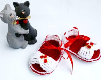 Crochet Baby Sandals: Red & White Acrylic Slippers, 6-12 Months