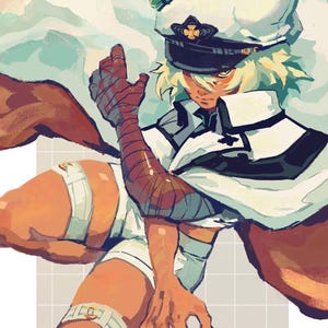 May include: Illustration of a character in a white naval uniform with a black cap and gold accents. The character has blonde hair and is wearing bandages on their arm and leg. The background is a light grid pattern.