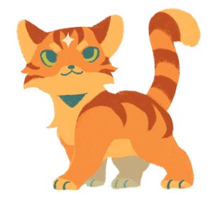 Puede incluir: Ilustraci&oacute;n de dibujos animados de un gato naranja con rayas marrones y ojos verdes. El gato tiene una estrella blanca en la frente y un tri&aacute;ngulo turquesa en el pecho. El gato est&aacute; de pie sobre sus cuatro patas con la cola levantada.