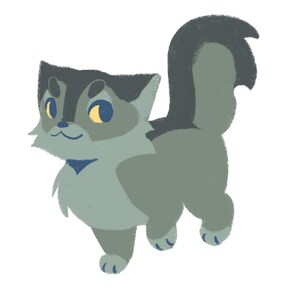 Puede incluir: Ilustraci&oacute;n digital de un gato de dibujos animados. El gato es principalmente gris con acentos grises m&aacute;s oscuros en la cabeza y la cola. Tiene ojos amarillos y una peque&ntilde;a pajarita azul. La cola es esponjosa.