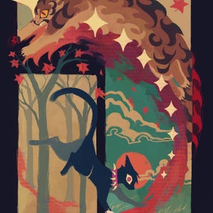 May include: An artistic illustration featuring a black cat with a spiked collar, leaping towards a red sun. A large, stylized tiger-like creature is above the cat. The text "Tigerstar was dead" is at the bottom. The artwork uses a palette of dark blues, reds, and golds.